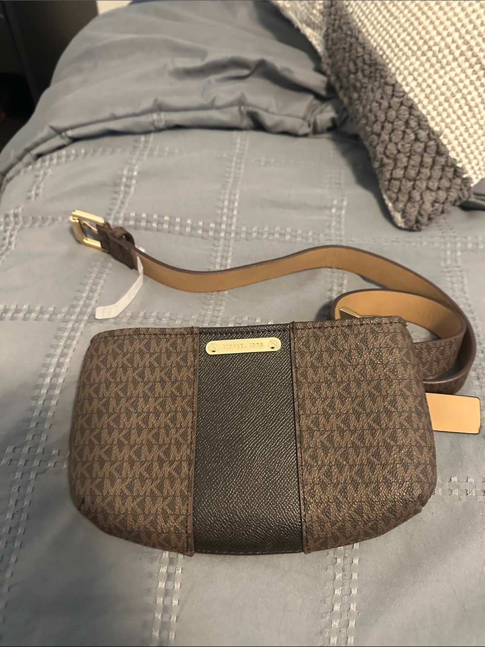 Michael Kors Brown and Dark Brown Logo Belt Bag with Gold Plate NEW